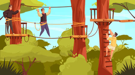 Outdoor activities composition with forest landscape and view of ropes course with tree stairs and people vector illustrationのイラスト素材