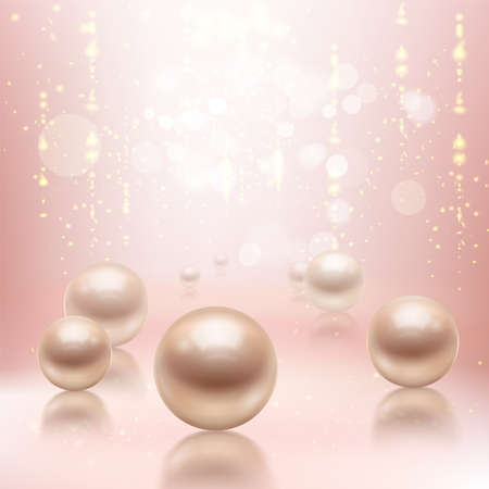 Realistic pearls background composition with big pearl beads on glossy surface with reflections and flare lights vector illustrationのイラスト素材