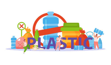 Self care flat concept with big plastic bag and abstract plastic pollution composition vector...