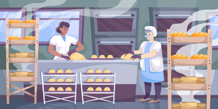 Bakery production composition with view of kitchen with racks and multiple ovens with bakers preparing bread vector illustrationのイラスト素材
