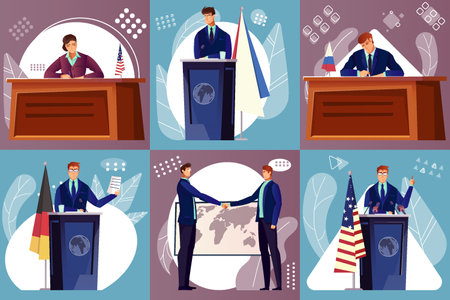 Diplomacy composition set with international politics symbols flat isolated vector illustrationのイラスト素材