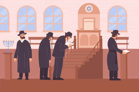 Judaism religion flat composition with view of synagogue with star of judah and characters of rabbis vector illustrationのイラスト素材