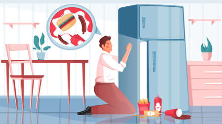 Gluttony flat composition with view of kitchen with man next to fridge with junk fast food vector illustrationのイラスト素材