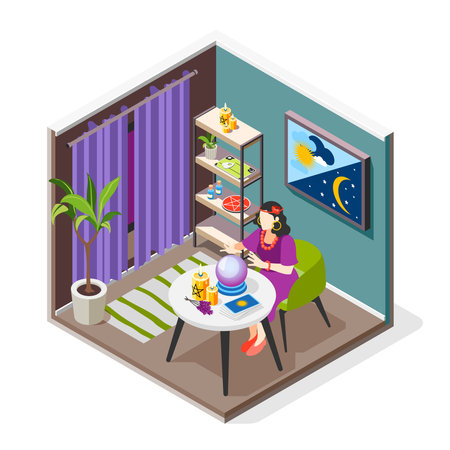 Magical services isometric background composition with indoor view of fortunetelling room with character of fortune teller vector illustrationのイラスト素材