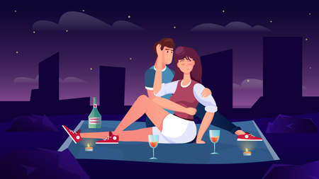 Romantic date flat composition with outdoor night cityscape scenery starry sky and drinking couple on carpet vector illustrationのイラスト素材