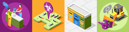 Electronic garbage isometric 4x1 design concept with square compositions of dead batteries drop off...
