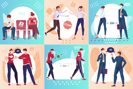 Social distance design concept with doodle human characters of colleagues coworkers and stop signs with arrows vector illustrationのイラスト素材