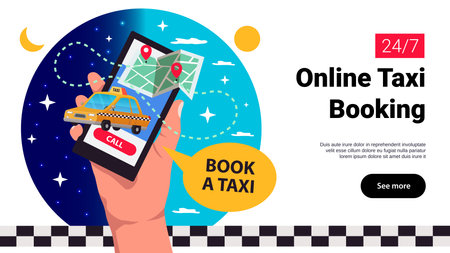 Online taxi booking using mobile devices app web page with hands holding smartphone horizontal banner vector illustrationのイラスト素材