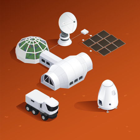 Modern space program isometric composition with images of spacecraft rover truck and buildings of extraterrestrial base vector illustrationのイラスト素材