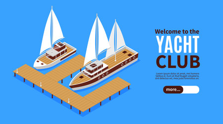 Isometric horizontal banner with two luxury yachts and wooden pier 3d vector illustrationのイラスト素材