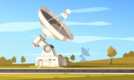 Radio telescope station with large parabolic antenna for space research against autumn landscape vector illustrationのイラスト素材