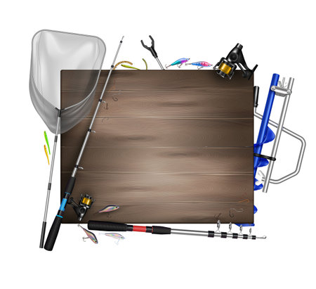 Fishing frame realistic composition with wooden tabletop plate surrounded by images of fish tackle with rods vector illustrationのイラスト素材