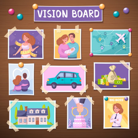 Vision board with future achievement planner symbols cartoon vector illustrationのイラスト素材