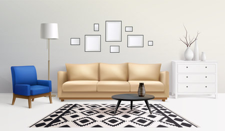 Interior realistic composition with living room scenery and pieces of designer furnitire with sofa and chair vector illustrationのイラスト素材