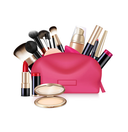 Bag with cosmetics realistic composition with isolated image of open vanity case with brushes and lipstick vector illustrationのイラスト素材