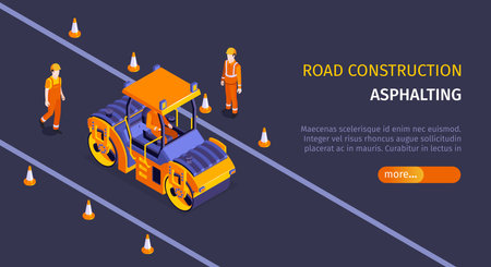 Isometric road construction horizontal banner with editable text slider more button and roller vehicle with workers vector illustrationのイラスト素材