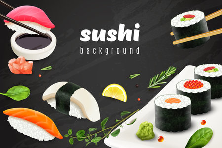 Realistic sushi background with Japanese food restaurant symbols vector illustrationのイラスト素材