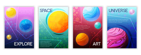 Space exploration universe discoveries art 4 colorful background posters set with celestial bodies and text vector illustrationのイラスト素材