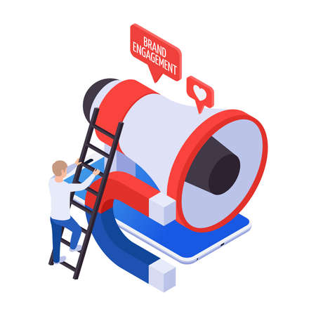 Promoting brand engagement attracting followers icon with 3d colorful megaphone and magnet isometric vector illustrationのイラスト素材