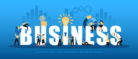 Business analytics horizontal white lettering decorated with people sharing innovative profitable ideas analyzing data background vector illustrationのイラスト素材
