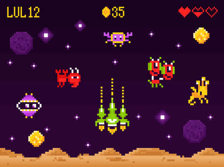 Arcade computer game interface pixel art composition with retro space shooter screen aliens and...