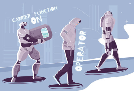 Robot people flat composition with characters of walking androids with editable text captions and abstract background vector illustrationのイラスト素材