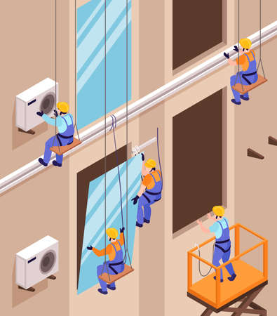 Isometric fitter composition with view of high building wall with workers installing windows and air conditioners vector illustrationのイラスト素材