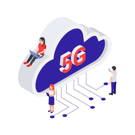 Isometric 5g internet cloud computing isometric concept with tiny people using devices 3d vector illustrationのイラスト素材