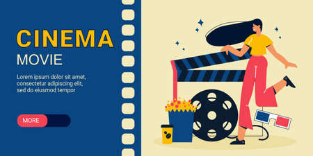 Cinema horizontal banner with editable text slider more button and images of reel popcorn and woman vector illustrationのイラスト素材