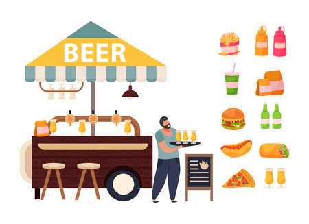 Street cafe concept with beer and snack symbols flat vector illustrationのイラスト素材