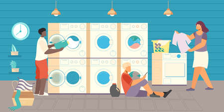 Public laundry flat composition with view of self service laundry with washing machines bowls and people vector illustrationのイラスト素材