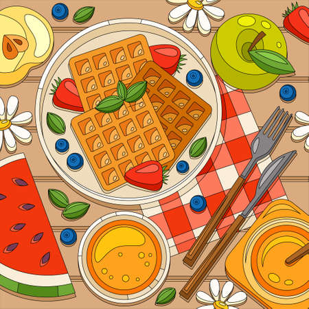Coloring breakfast waffles composition with top view of wooden dining table with fruit slices and honey vector illustrationのイラスト素材