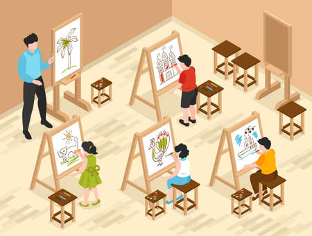 Isometric children art school composition with indoor classroom scenery and characters of teacher...
