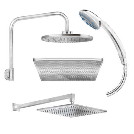 Sanitary set of isolated dirty steel shower heads of various forms on white background realistic vector illustrationのイラスト素材