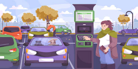 Parking pay flat composition with outdoor parking lot scenery cars and female driver touching payment terminal vector illustrationのイラスト素材