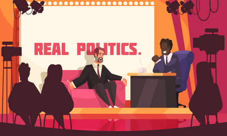 Real politics in tv studio colored poster with two men in costumes discussing political questions vector illustrationのイラスト素材