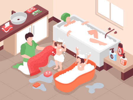Isometric hygiene composition with bathroom scenery and characters of adults and kids taking bath...