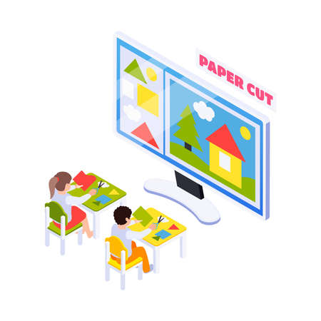 Isometric home education composition with kids having handicraft online lesson on computer vector illustrationのイラスト素材