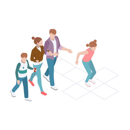 Isometric composition with walking family and girl playing hopscotch vector illustrationのイラスト素材