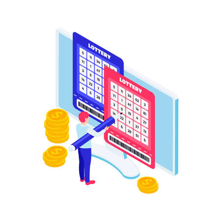 Online lottery isometric icon with man filling out tickets on computer 3d vector illustrationのイラスト素材