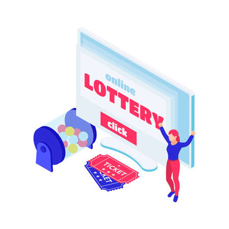 Online lottery isometric composition with colorfil bingo balls tickets and happy character vector illustrationのイラスト素材
