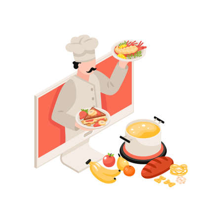 Cooking school isometric composition with delicious dishes ingredients and character of chef 3d vector illustrationのイラスト素材