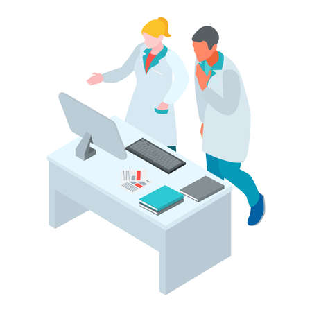 Isometric infectious disease doctor scientist virologist composition with characters of workers in gowns at computer table vector illustrationのイラスト素材