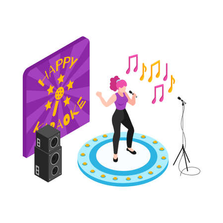 Woman performing on stage in karaoke club 3d isometric vector illustrationのイラスト素材