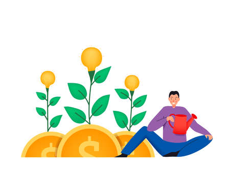 Crowdfunding composition with flat icons of plants growing on coins and man with watering pot vector illustrationのイラスト素材