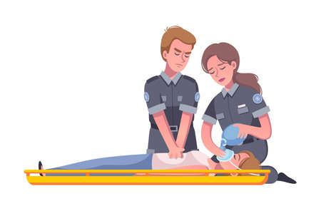 Cartoon icon with paramedic putting oxygen mask on injured woman face vector illustrationのイラスト素材