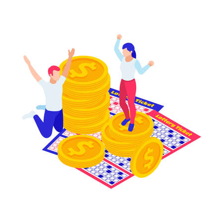 Lottery win isometric icon with tickets coins and excited people 3d vector illustrationのイラスト素材