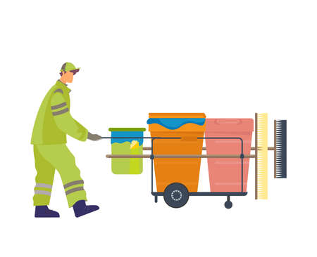 Caretaker in uniform with equipment for streets cleaning flat vector illustrationのイラスト素材
