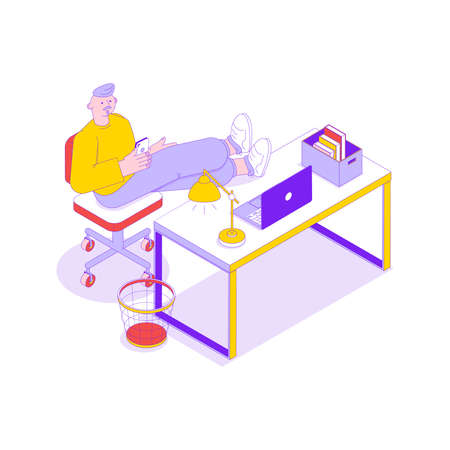 Office worker relaxing with smartphone at his work place isometric icon vector illustrationのイラスト素材