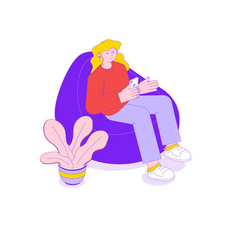 Woman sitting with smartphone in soft armchair 3d isometric vector illustrationのイラスト素材